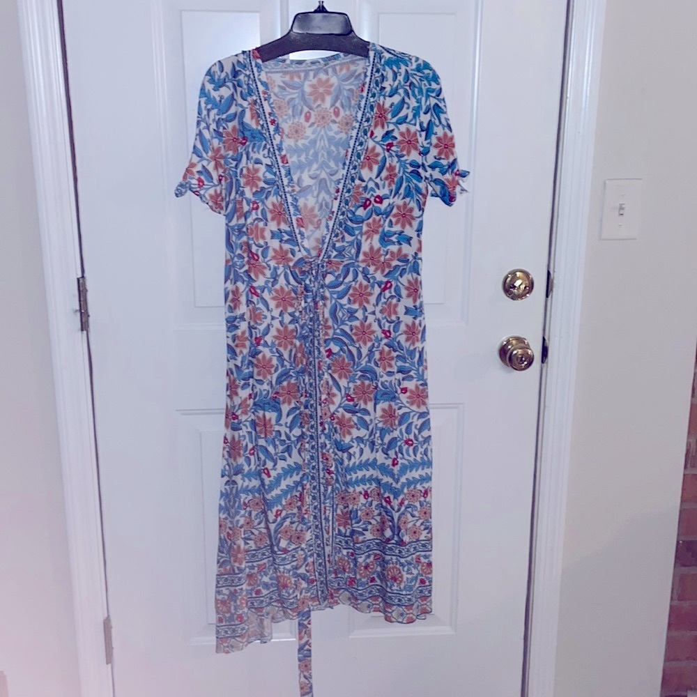 Bohemian Gypsy Floral Print Dress Tie Sleeve Slit